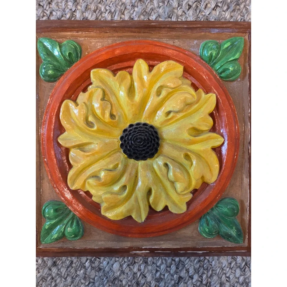 Vintage 70s Sunflower Floral Ceramic Wall Art Hanging Tile Plaque Large 11